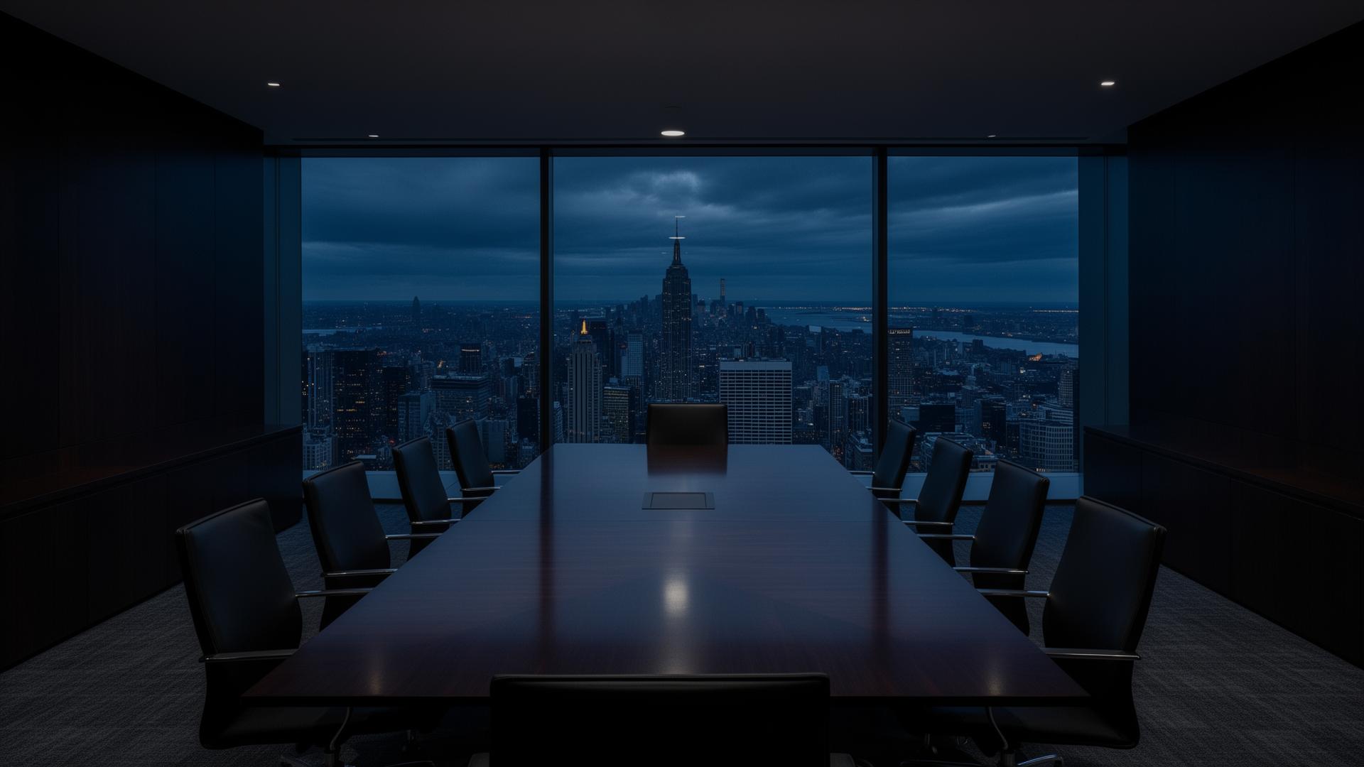 Executive boardroom overlooking a city skyline at dusk